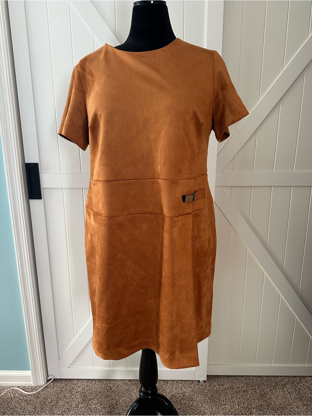 DKNY Women’s 14W Cognac Faux Suede Short Sleeve Shift Dress NWT